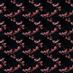 Hyper Photo Realistic Chain Link Small Pink Cherry Blossoms on Black Background Seamless Pattern