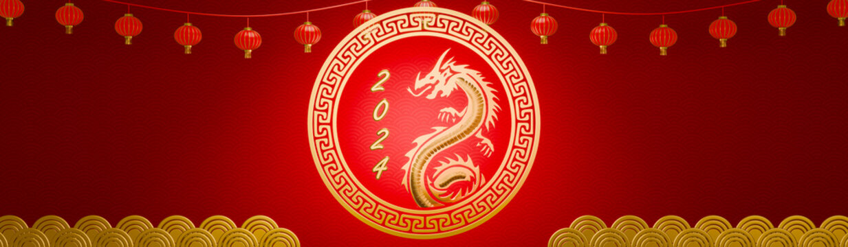 Background image for Chinese New Year 2024. New Year greeting theme: golden dragon and auspicious red. Traditional Chinese red auspicious lantern. 3D Rendering
