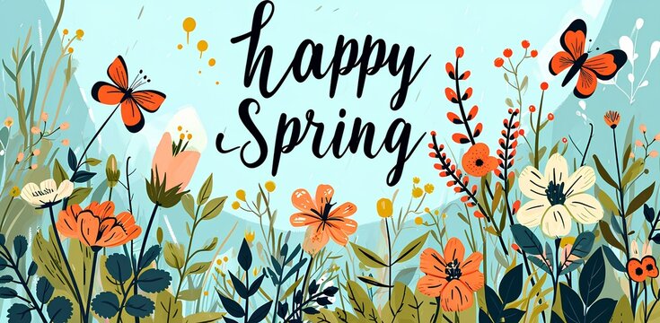 simple spring background with the inscription text happy spring on it, cartoon style. generative AI