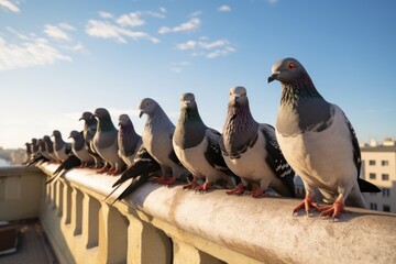 A row of pigeons sitting on the building railing. City birds.