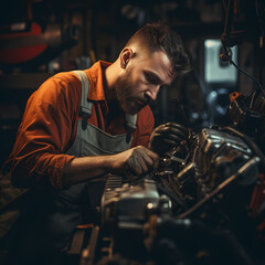 A close-up of a mechanic working on a car engine.