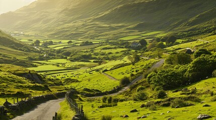 Irish landscapes with winding green hills and spacious valleys