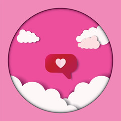 Love invitation card, abstract valentine's day background with love text and joyful young people, clouds, paper cut pink hearts. Vector illustration.