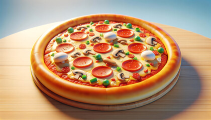 Eye-Catching 3D Pizza in Animated Film Style, Featuring Rich Toppings and Vibrant Colors, on Wooden...