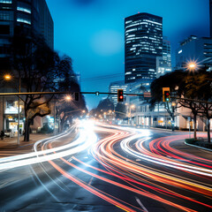 Busy city intersection at night with light trails.