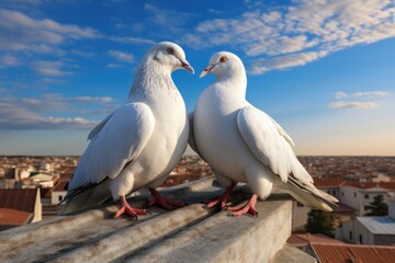 two loving white doves on the roof. two white pigeon - obrazy, fototapety, plakaty