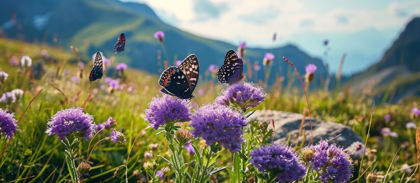 Zygaena sp. butterflies on Scabiosa in Val Gardena, Dolomite Alps.
