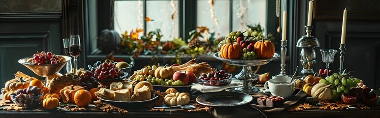 A Bountiful Thanksgiving Gathering - A Festive Autumn Table Setting with Delicious Food, Rustic...