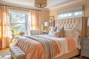 Bedroom in pastel tone peach fuzz color trend 2024 year panton furniture and background. Modern luxury room interior home design. 3d render
