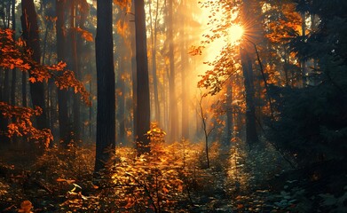 Sunlit Forest Canopy - Nostalgic Nature Scene with Sun Shining Through, Light Emerald and Orange Hues