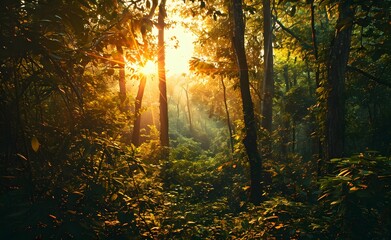 Sunlit Forest Canopy - Nostalgic Nature Scene with Sun Shining Through, Light Emerald and Orange Hues