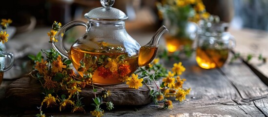 Herbal tea brewed in a teapot becomes an herbal drink made from Hypericum flowers, known for their medicinal benefits in herbal medicine and homeopathy. - obrazy, fototapety, plakaty