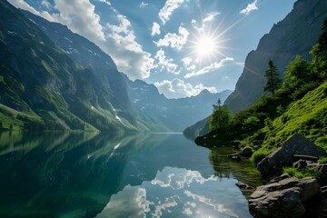 Naklejka na ściany i meble Mountain Lake Serenity - Sunlit Waters Framed by Majestic Peaks, Tranquil Reflections