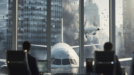 Office worker's perspective of a terrorist crash in a city. One plane crashes and another approaches their window - obrazy, fototapety, plakaty