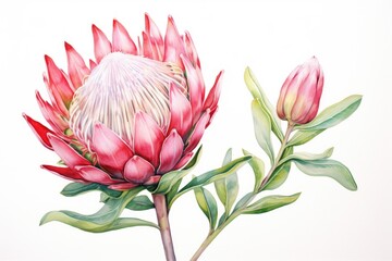 Protea flower painted in watercolor on white background. - obrazy, fototapety, plakaty
