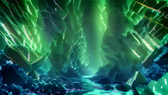 The interior of a cave formed by magnificent emerald crystals. The light from the crystals mystically illuminates the cave, evoking the allure of exploration.
