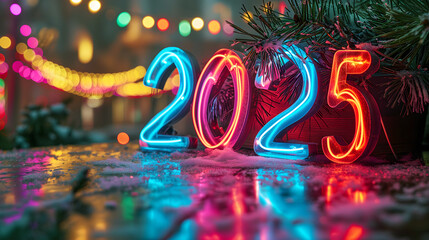 Vibrant neon light sign 2025 against festive background with Christmas tree and bokeh lights