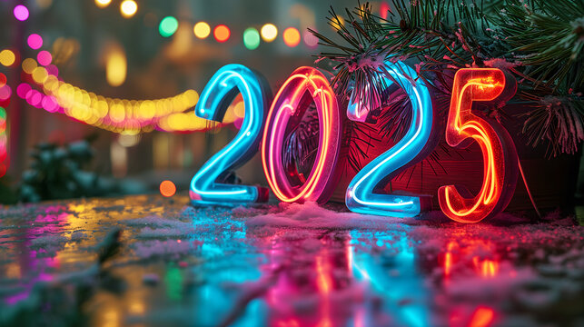 Vibrant neon light sign 2025 against festive background with Christmas tree and bokeh lights