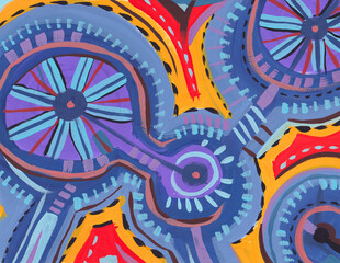 Fototapeta premium Abstract contemporary painting background. Surreal and colorful artwork. Circle shapes with lines painting.