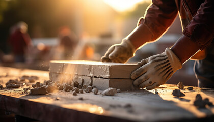 close up hand of bricklayer industrial worker - obrazy, fototapety, plakaty
