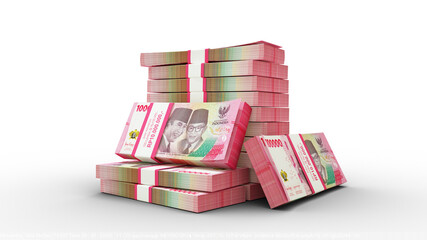 3d rendering of Stacks of Indonesian rupiah notes. bundles of Indonesian currency notes isolated on transparent background