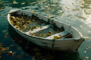 Autumn Serenity - White Wooden Boat on Lake with Dry Leaves, Blurred Background, Cinematic Scene