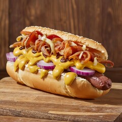 a hotdog with jalapenos, pepper jack, cheese and a fiery hot sauce