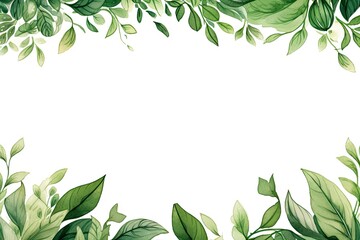 Watercolor green leaves frame. Herbal eucalyptus border. Green leaves and branches on white background. Simple minimalistic design for card, invitation, poster, save the date, wedding or greeting - obrazy, fototapety, plakaty
