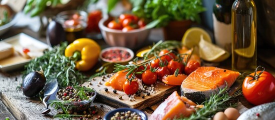 Variety of nutritious food for a flexible Mediterranean diet. - obrazy, fototapety, plakaty