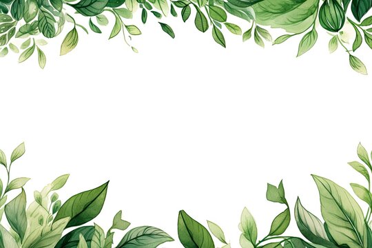 Watercolor green leaves frame. Herbal eucalyptus border. Green leaves and branches on white background. Simple minimalistic design for card, invitation, poster, save the date, wedding or greeting