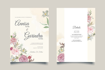 Elegant wedding invitation cards template with pink and blush roses design Premium Vector