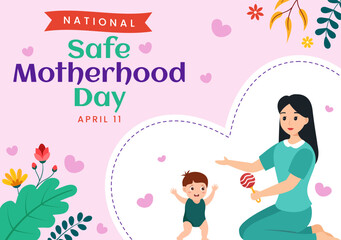 National Safe Motherhood Day Vector Illustration on 11 April with Pregnant Mother and Kids for the Healthcare of Women and Maternity Facilities