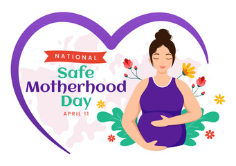 National Safe Motherhood Day Vector Illustration on 11 April with Pregnant Mother and Kids for the Healthcare of Women and Maternity Facilities