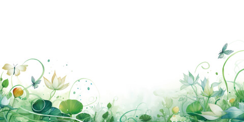 Floral green springtime background with leaves and butterflies and copy space