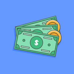 Vector illustration of cash and gold coins. Finance concept icons designed in flat cartoon style.