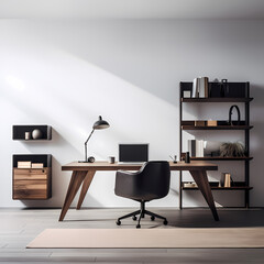 A minimalist office workspace with modern furniture.