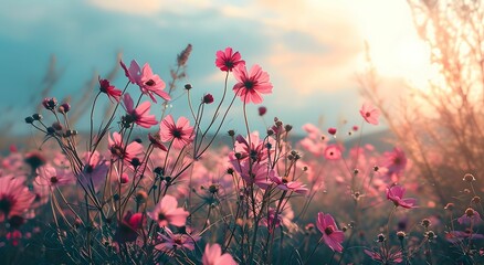 Sunlit Symphony - A Field of Pink Flowers Amidst a Blue Sky in Light Yellow and Light Cyan Tones