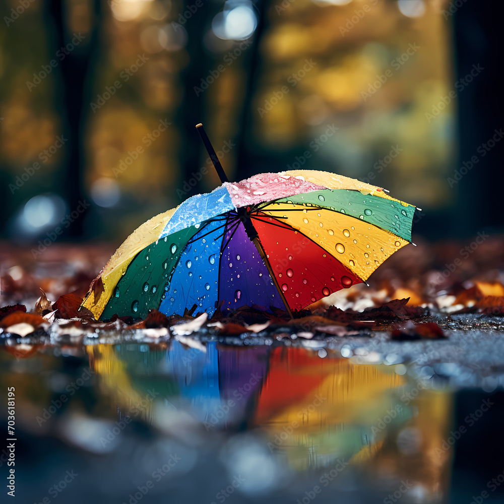 Sticker A rainbow-colored umbrella in the rain.