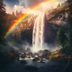 Spectacular double rainbow over a waterfall.