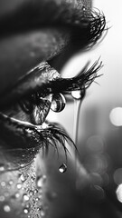 A close-up of an eye gazing skyward, a single tear catching the raindrop falling into it. black and white macro photography