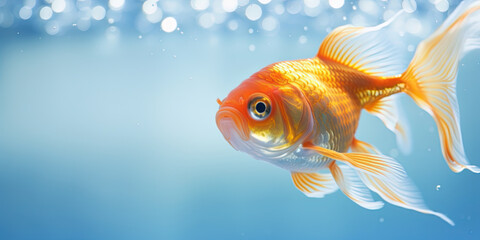 Goldfish swimming in the water, close up view, copy space