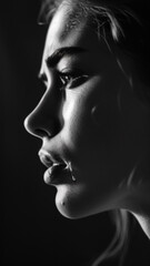  black and white side view portrait  of a person with a single tear gently tracing down their cheek, blurring the line between skin and the teardrop. human emotions. 
