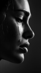  black and white side view portrait  of a person with a single tear gently tracing down their cheek, blurring the line between skin and the teardrop. human emotions. 