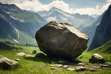 big boulder, boulder in mountain range, boulder in alps, big rock, boulder for bouldering - obrazy, fototapety, plakaty