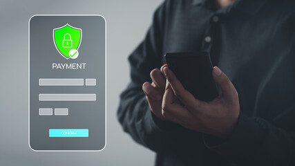 Man using smartphone for online banking or shopping and payment via credit card. Mobile phone login and password for security system. Business commercial and personal financial idea concept.