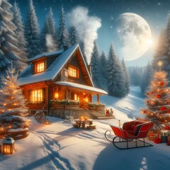 Create an image a Christmas scene with a small house in the snow