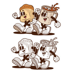 illustration of Vintage Ice Chocolate and Torn Bread Mascots with text (full set)