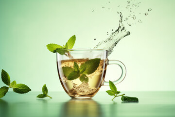 cup of tea with mint leaves flying above it, plain background