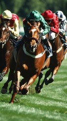 Horses racing on a grassy field. Generative AI.