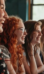 Fototapeta premium Four young women smiling and laughing together. Generative AI.